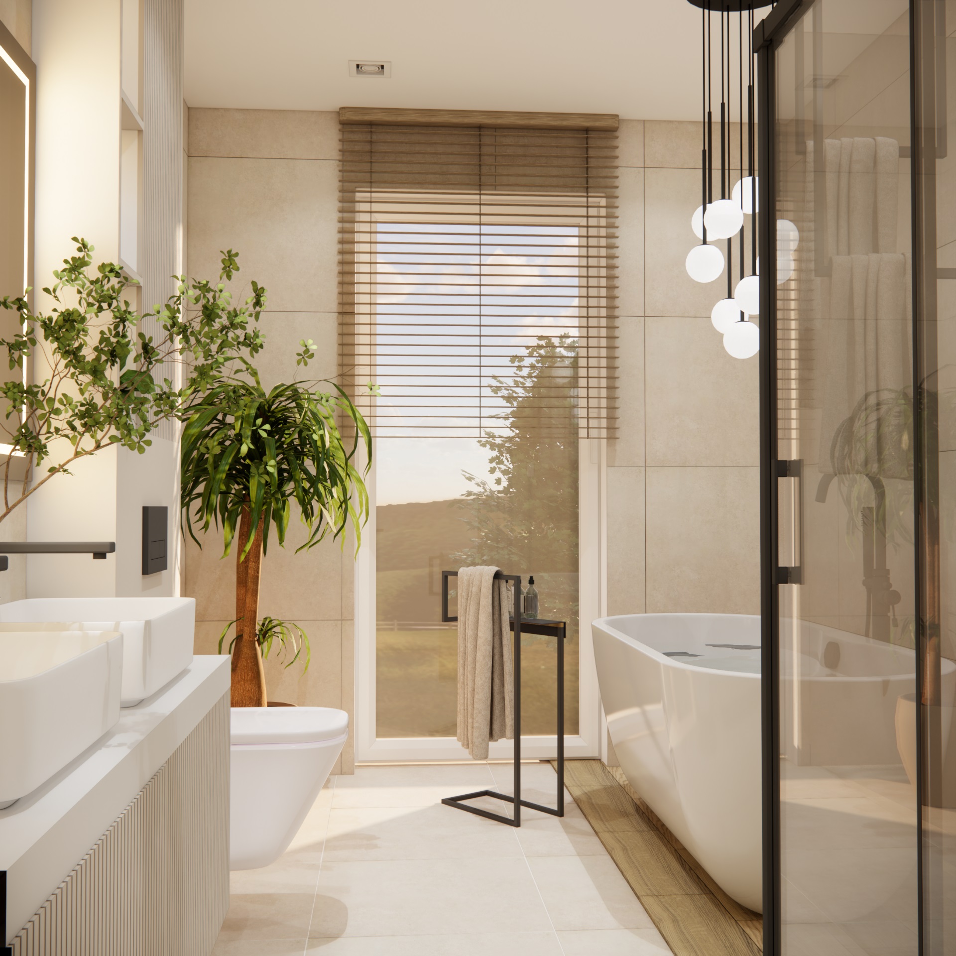  Jasna łazienka z dużym oknem, roślinami doniczkowymi i minimalistyczną wanną